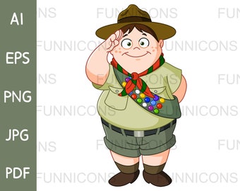 Clipart cartoon of a happy Boy Scout kid saluting, ai eps png jpg and pdf files included, digital files instant download.