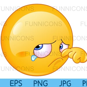 Dibujos animados de imágenes prediseñadas de un emoticono triste llorando secándose una lágrima con el dedo, archivos ai eps png jpg y pdf incluidos, descarga de archivos digitales.