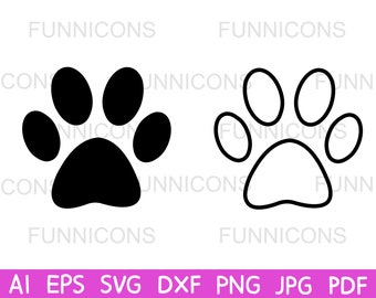 schwarzer Pfotendruck SVG und umrissene Pfote SVG für Cricut, PAW Hund Tier Druck Cut Files, svg dxf ai eps png jpg pdf dateien digital download.