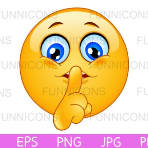 Clipart przedstawiający emotikonkę „cisza” wykonującą gest oznaczający ciszę, dołączone pliki ai eps png jpg i pdf, możliwość pobrania plików cyfrowych.