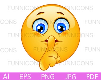 Cartoon clipart di un'emoticon di silenzio che fa il segno del gesto del silenzio silenzioso, file ai eps png jpg e pdf inclusi, download di file digitali.