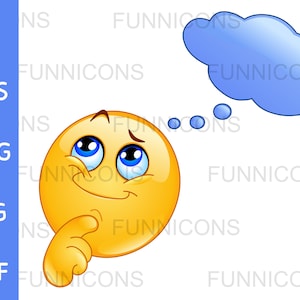 Clipart, szczęśliwa emotikonka myśląca i zastanawiająca się pod chmurką dymku, pliki ai eps png jpg pdf, pliki cyfrowe do pobrania.