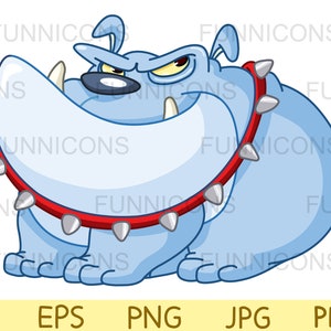 Clipart of a tough blue bulldog sitting with a spiked collar, dog cartoon, ai eps png jpg and pdf files included, digital files download.