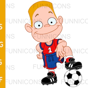 Sport Clipart Cartoon eines glücklichen Jungen Kind ruht seinen Fuß auf einem Fußball, ai eps png jpg und pdf-Dateien enthalten, digitale Dateien herunterladen.