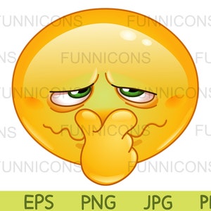 Clipart cartoon van emoticon die zijn neus aansluit tegen een slechte geur, ai eps png jpg en pdf-bestanden inbegrepen, digitale bestanden direct downloaden.