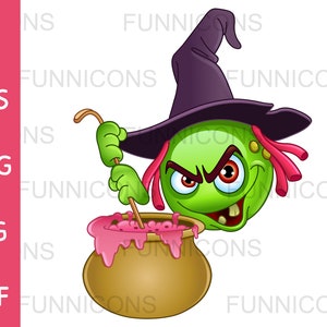 Halloween clipart cartoon of a happy witch  emoticon stirring her cauldron brew, ai eps png jpg and pdf files, digital files download.