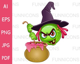 Halloween clipart cartoon of a happy witch  emoticon stirring her cauldron brew, ai eps png jpg and pdf files, digital files download.