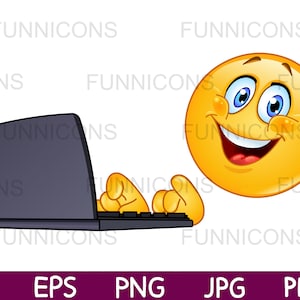 Clipart przedstawiający radosną emotikonkę piszącą na klawiaturze komputera przenośnego, dołączone pliki ai eps png jpg i pdf, możliwość pobrania plików cyfrowych.
