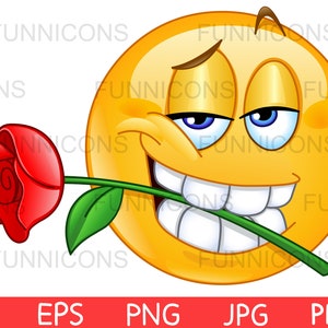 Desenho de clipart do Dia dos Namorados de emoticon com flor rosa vermelha entre os dentes, arquivos ai eps png jpg e pdf, download de arquivos digitais.