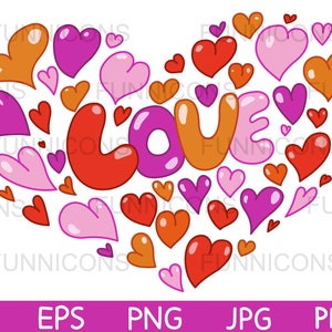 Clipart retrò di San Valentino di cuori che formano un grande cuore intorno alla parola amore, ai eps png jpg e file pdf, download di file digitali.