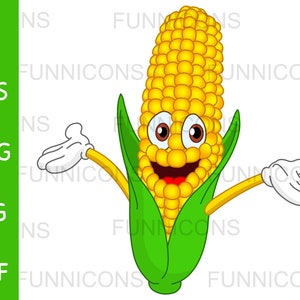 Clipart cartoon van een gelukkig maïs karakter het houden van zijn armen omhoog, plantaardige illustratie, ai eps png jpg en pdf bestanden, digitale bestanden downloaden.