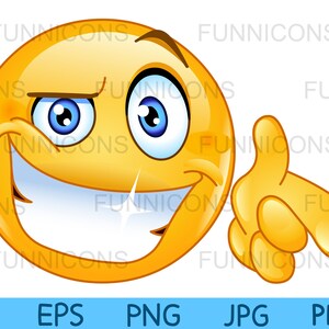 Clipart przedstawiający fajną emotikonkę uśmiechającą się i wskazującą na Ciebie, dołączone pliki ai eps png jpg i pdf, możliwość pobrania plików cyfrowych.