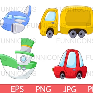 Clipart Cartoon von Transport-Set, Flugzeug, LKW, Schiff und Auto, ai eps png jpg und pdf-Dateien enthalten, digitale Dateien sofortigen Download.