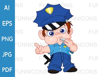 May include: A cartoon illustration of a young police officer wearing a blue uniform with a yellow badge, a striped hat, and a whistle in their mouth. The officer is blowing the whistle and pointing with their right hand.