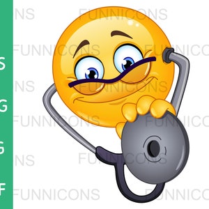 Clipart przedstawiający emotikonowego lekarza trzymającego stetoskop, dołączone pliki ai eps png jpg i pdf, pliki cyfrowe do natychmiastowego pobrania