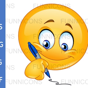 Clipart przedstawiający uśmiechniętą emotikonkę piszącą, rysującą lub podpisującą się długopisem, pliki ai eps png, jpg i pdf, możliwość pobrania plików cyfrowych.