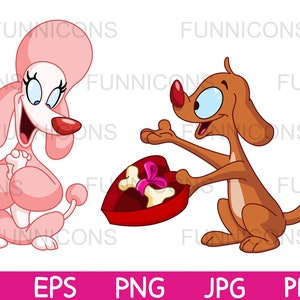 Clipart cartoon of a dog presenting a poodle with Valentine Day bone, animal illustration, ai eps png jpg pdf files, digital files download.