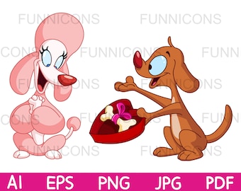 Clipart cartoon of a dog presenting a poodle with Valentine Day bone, animal illustration, ai eps png jpg pdf files, digital files download.