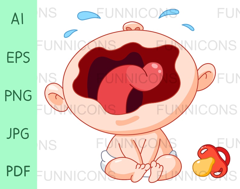 Clipart cartoon of a baby crying with pacifier, ai eps png jpg and pdf files included, digital files instant download. image 1