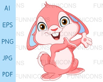 Clipart of a cute pink bunny rabbit presenting with his hands cartoon, ai eps png jpg and pdf files included, digital files download.