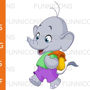 Cartone animato Clipart di elefante studente della scuola felice che cammina con uno zaino, torna a scuola, ai eps png jpg pdf file, download di file digitali.