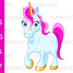 Dibujos animados clipart de un lindo unicornio azul con pezuñas doradas y pelo rosado, ai eps png jpg y archivos pdf incluidos, descarga de archivos digitales.