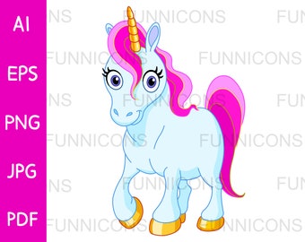 Clipart cartoon of a cute blue unicorn with golden hooves and pink hair, ai eps png jpg and pdf files included, digital files download.