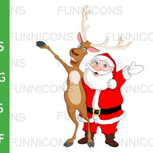 Weihnachten Clipart Cartoon von Rentier und Weihnachtsmann singen und ihre Arme aushalten, ai eps png jpg pdf Dateien, digitale Dateien herunterladen.