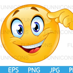 Clipart przedstawiający emotikonę z pomysłem i palcem wskazującym na czoło, dołączone pliki ai eps png jpg i pdf, możliwość pobrania plików cyfrowych.