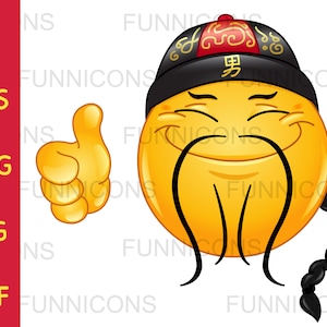 Clipart przedstawiający wesołą chińską emotikonkę z uniesionym kciukiem, pliki ai eps png jpg i pdf, możliwość pobrania plików cyfrowych.