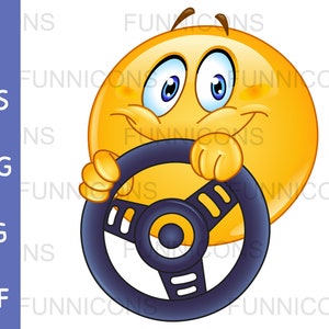 Clipart przedstawiający wesołą emotikonkę prowadzącą samochód z kierownicą, dołączone pliki ai eps png jpg i pdf, możliwość pobrania plików cyfrowych.