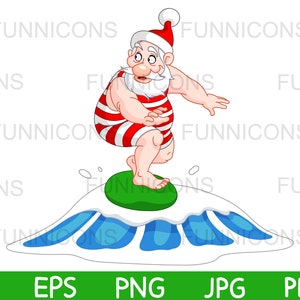 Świąteczna kreskówka clipart przedstawiająca Świętego Mikołaja surfującego na fali, dołączone pliki ai eps png jpg i pdf, możliwość natychmiastowego pobrania plików cyfrowych.