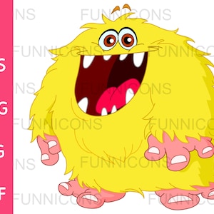 Dibujos animados clipart de un monstruo amarillo peludo feliz, ai eps png jpg y archivos pdf incluidos, descarga instantánea de archivos digitales.
