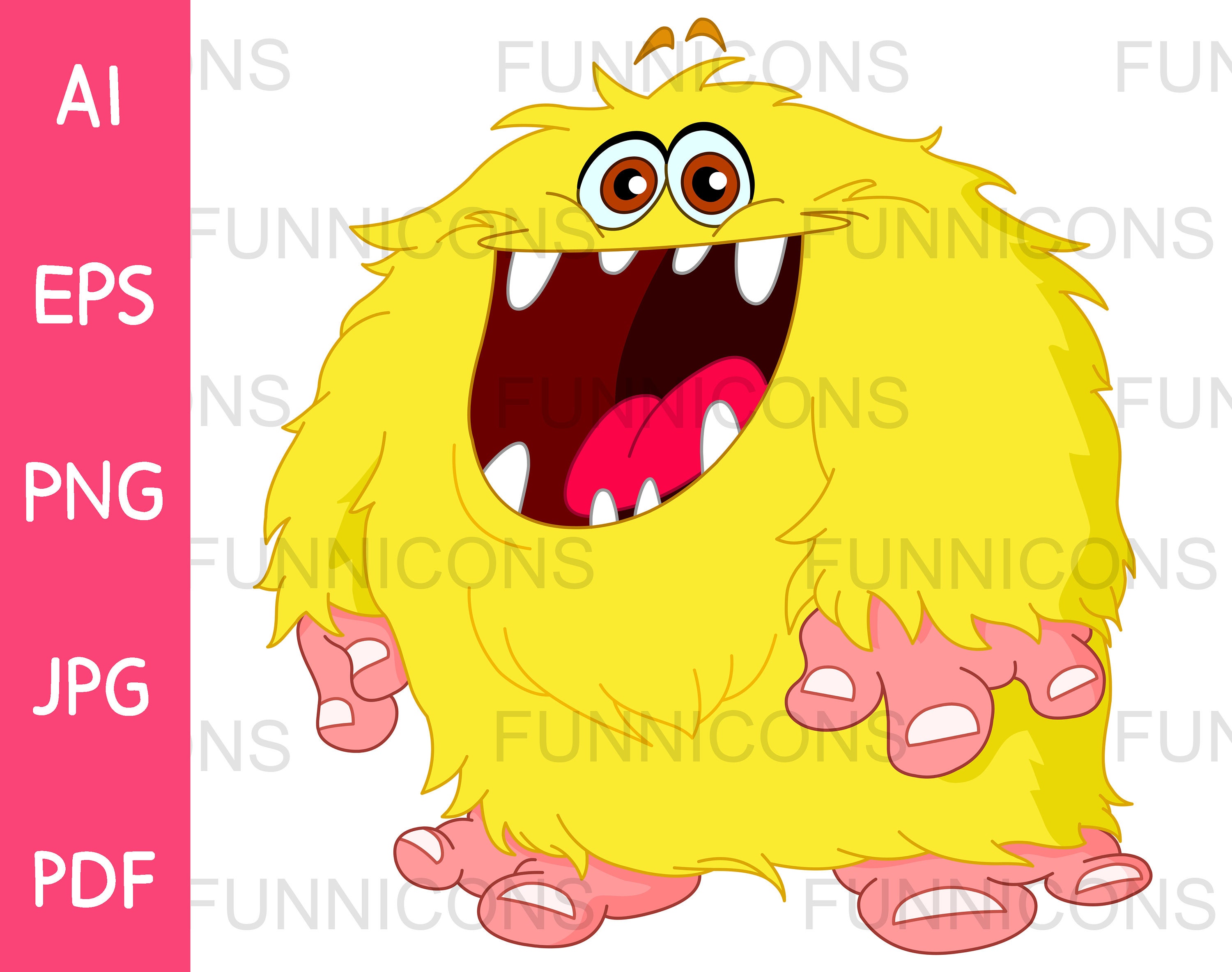 Clipart cartoon of a happy hairy yellow monster, ai eps png jpg and pdf  files included, digital files instant download., image size:3000x2369