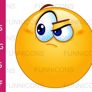 Clipart przedstawiający emotikonkę wyrażającą wątpliwość lub złość, dołączone pliki ai eps png, jpg i pdf, możliwość natychmiastowego pobrania plików cyfrowych.