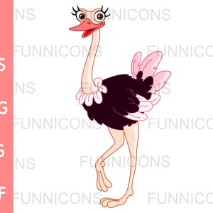 Desenho animado Clipart de um avestruz feliz com cílios longos, arquivos ai eps png jpg e pdf incluídos, download instantâneo de arquivos digitais.