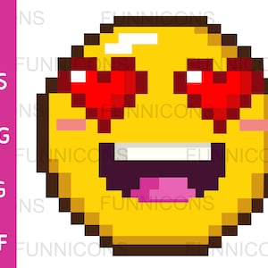 Clipart Cartoon einer 8bit Pixel Art eines verliebten Emoticons mit herzförmigen Augen, ai eps png jpg pdf Dateien, digitale Dateien Download.
