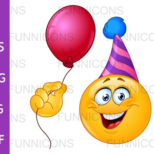 Clipart przedstawiający emotikonkę urodzinową w czapeczce imprezowej i trzymającą balonik, pliki ai eps png jpg pdf, pliki cyfrowe do pobrania.