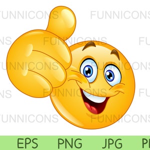 Emoticon feliz mostrando clipart de polegar para cima, ilustração vetorial, arquivos ai eps png pdf e jpg incluídos, download instantâneo de arquivos digitais.
