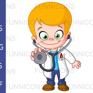 Dibujos animados de imágenes prediseñadas de un niño niño médico feliz sosteniendo un estetoscopio, ai eps png jpg y archivos pdf incluidos, archivos digitales descarga instantánea.