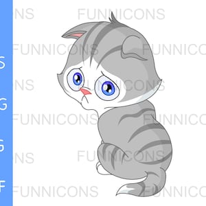 Dibujos animados de imágenes prediseñadas de un gato gatito gatito gris triste, ai eps png jpg y archivos pdf incluidos, archivos digitales descarga instantánea.
