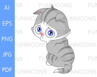 Dibujos animados de imágenes prediseñadas de un gato gatito gatito gris triste, ai eps png jpg y archivos pdf incluidos, archivos digitales descarga instantánea.