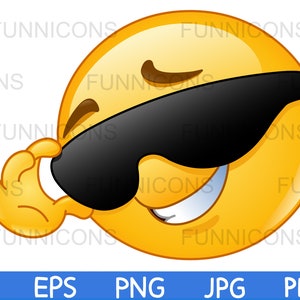 Dibujos animados de imágenes prediseñadas de un emoticono feliz tocando o arreglando sus gafas de sol, archivos ai eps png jpg y pdf incluidos, descarga de archivos digitales.