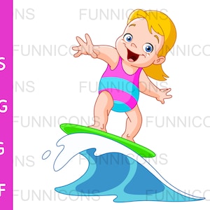 Clipart cartoon of a happy blonde surfer young girl riding a wave, ai eps png jpg and pdf files included, digital files instant download.