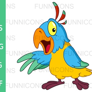 Caricatura clipart de un loro feliz presentando con su ala, ilustración de aves animales, ai eps png jpg y archivos pdf, descarga de archivos digitales.