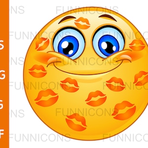Cartoon clipart di emoticon sorridente ricoperta di baci con il rossetto, file ai eps png jpg e pdf inclusi, download immediato di file digitali.