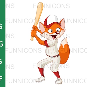 Clipart cartoon of a happy baseball player fox batting, animal sport illustration, ai eps png jpg and pdf files, digital files download.