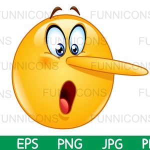 Clipart cartoon van een liggende leugen gezicht emoticon met lange groeiende neus, ai eps png jpg en pdf-bestanden inbegrepen, digitale bestanden downloaden.
