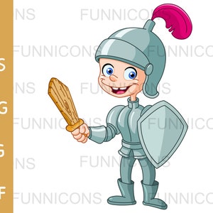 Clipart Cartoon eines glücklichen Kindes in einem Ritter Kostüm mit einem Holzschwert, ai eps png jpg und pdf-Dateien enthalten, digitale Dateien herunterladen.