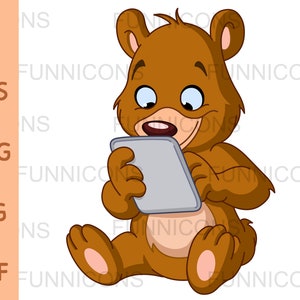 Clipart cartoon of a sitting teddy bear using a tablet pc, animal illustration, ai eps png jpg and pdf files, digital files download.